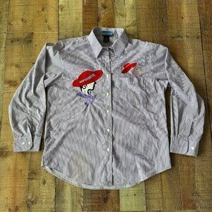 Las Olas Purple Striped Button-Up Shirt With Embroidered Red Hat Lady Design